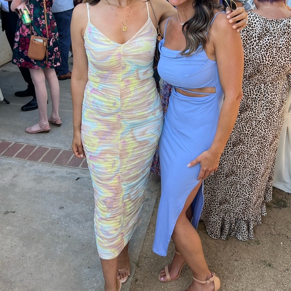 AFRM LOS ANGELES Aloisa Ruched Mesh Midi Slipdress in SKY MARBLE - Picture 3 of 5